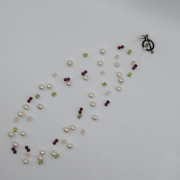 Vintage Illusion floating necklace with pearls amethyst and peridot beads silver - Picture 4 of 4